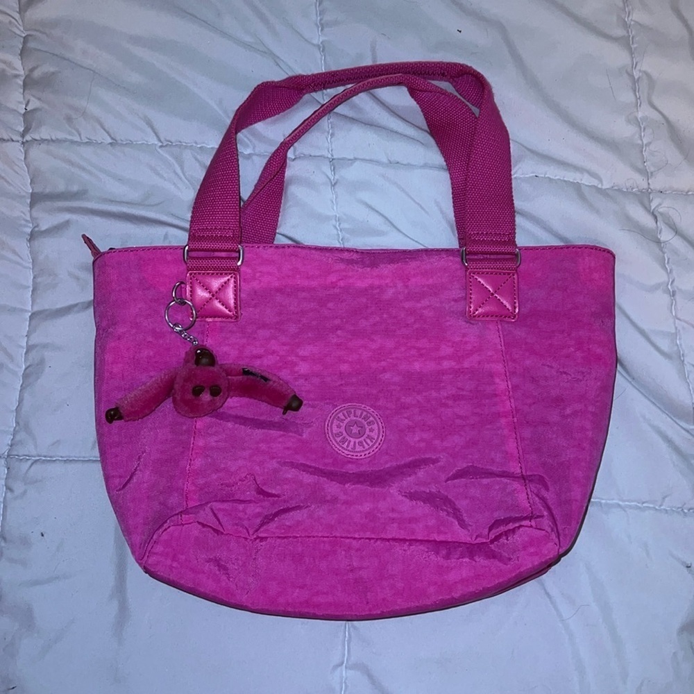 Kipling Hot Pink Shoulder Tote with Monkey Keychain